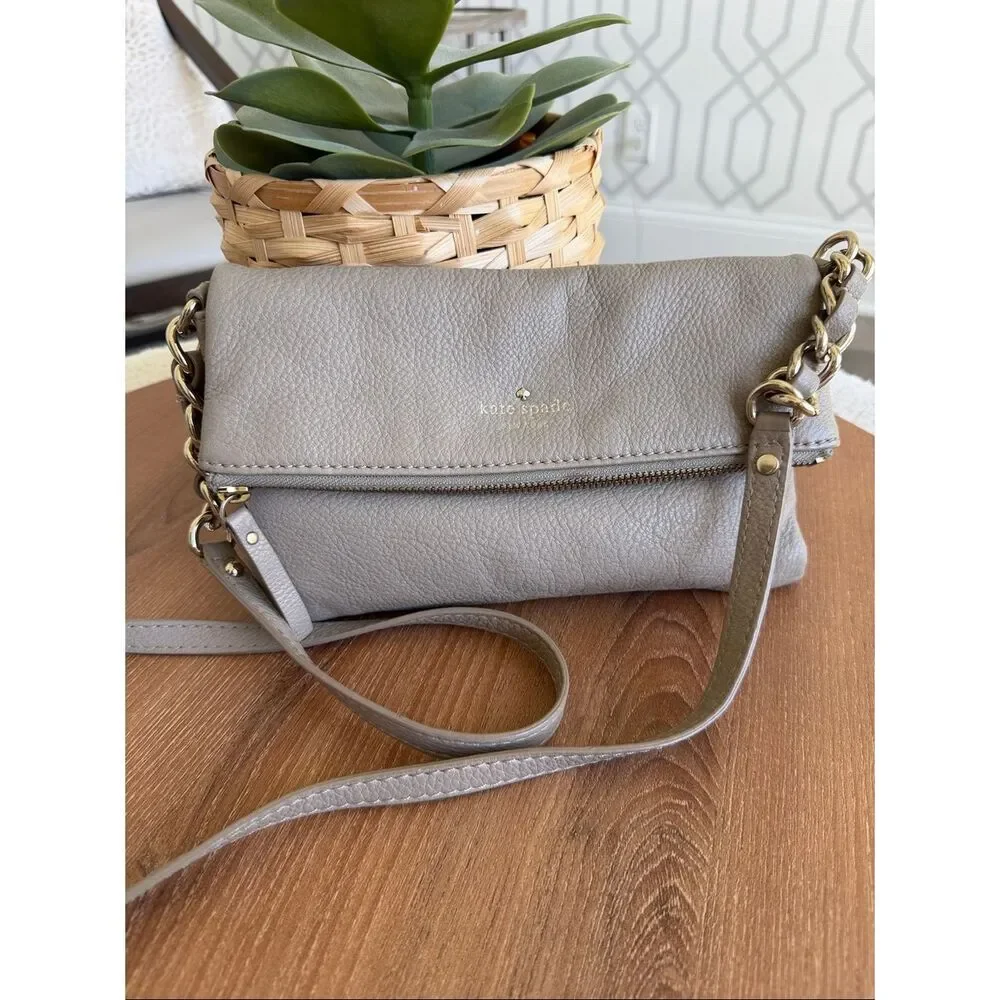 Kate Spade genuine leather taupe foldover crossbody shoulder purse bag neutral